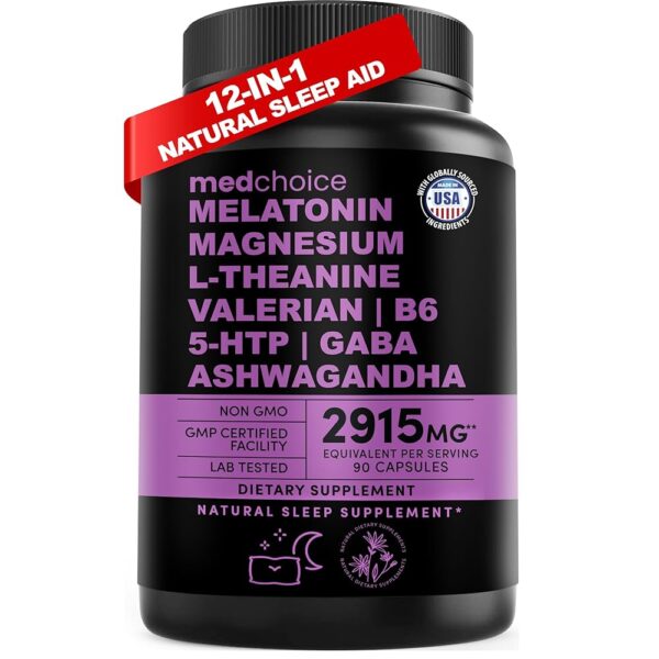 12-in-1 Melatonin Capsules - Melatonin 5mg Natural Sleep Aids for Adults - Magnesium Glycinate 500mg, Ashwagandha, L Theanine, Valerian Root, GABA, 5-HTP, Sleep Supplement for...