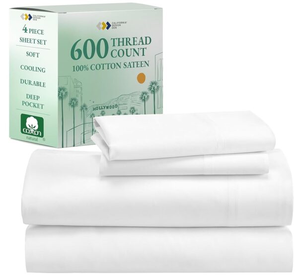 California Design Den Queen Size Sheet Set, 600 Thread Count 100% Cotton Sheets, Luxury Extra Deep Pocket Queen Sheets Cotton Sateen, Hotel-Quality Queen Sheet Set - White Sheets