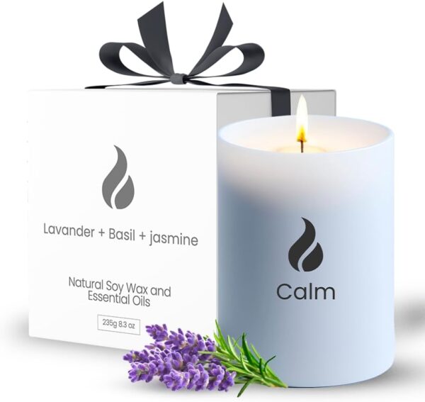 Calming Scented Candles for Home | Lavender, Basil & Jasmine Candle | Natural Non Toxic Soy Candles with Essential Oils | 50 H Long Burning | Aromatherapy Candle Jar with Lid -...