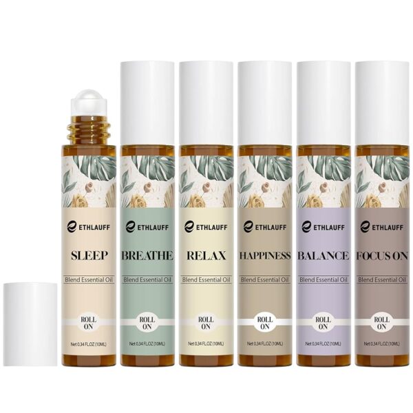 Essential Oils Roll On Set 6 Pack -(Relax, Sleep, Balance,Breathe, Focus on, Happiness) Aromatherapy Oil with Roller Ball,Essential Oils Blends for Skin - Relaxation Gift for...