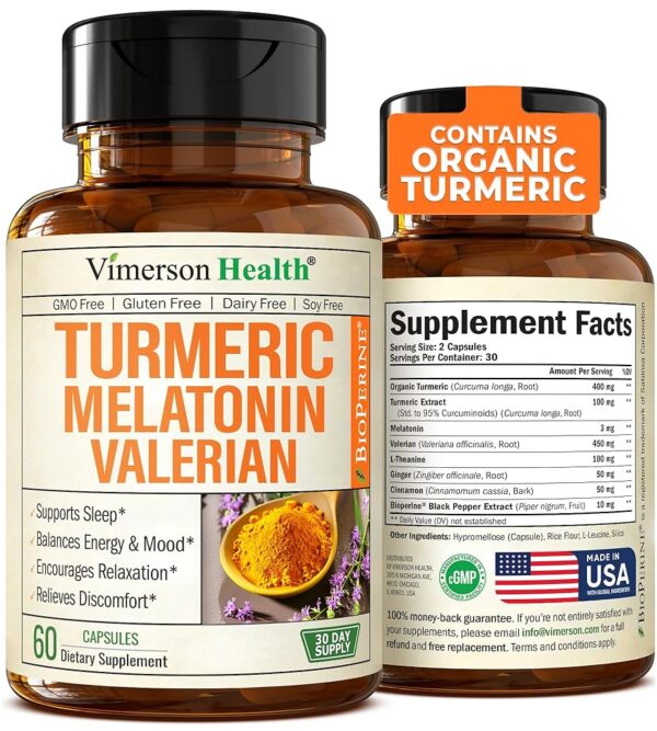 Turmeric, Melatonin & Valerian Root Sleep Aid Supplement. Natural Sleep Aid for Adults with L-Theanine, Ginger & Black Pepper Extract. Melatonin 3mg, Valerian Root Capsules....