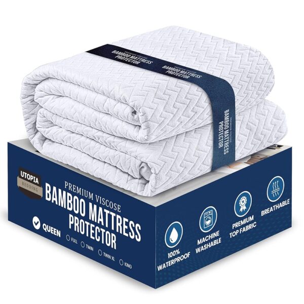 Utopia Bedding Waterproof Mattress Protector Queen Size, Viscose Made from Bamboo Mattress Cover, Fits 17 Inches Deep, Breathable, Fitted Style with Stretchable Pockets