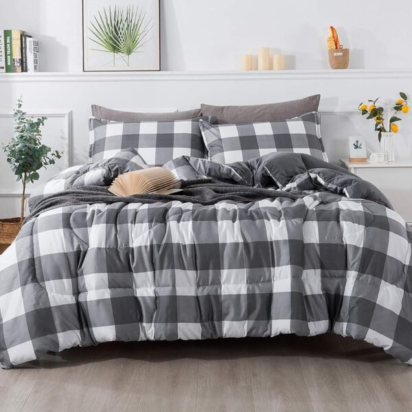 Andency Light Gray Plaid Comforter King(104x90 Inch), 3 Pieces(1 Plaid Comforter and 2 Pillowcases) Buffalo Check Plaid Comforter Set, Geometric Checkered Comforter Bedding Set