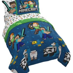 Jay Franco Minecraft Twin Comforter Set - 5 Piece Bedding Includes Sheet Set & Pillow Covers - Super Soft Kids Bedding Features Creeper & Zombie
