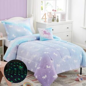 KALEIDOSPACE Kids Twin Comforter Sets for Girls, Glow in The Dark Unicorn Bedding Sets -3 Pieces Lightweight Bed in A Bag