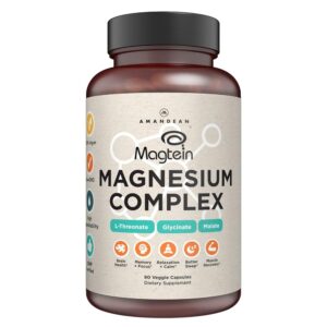 AMANDEAN Magtein Magnesium Complex. L-Threonate, Glycinate, Malate Triple Blend Chelated Magnesium Supplement. 90 Veggie Capsules. High Absorption Branded Ingredients. Brain...