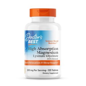 Doctor's Best High Absorption Magnesium Glycinate Lysinate, 100% Chelated, TRACCS, Not Buffered, Non-GMO, Vegan, Gluten & Soy Free, 100 mg, 120 Tablets (Packaging May Vary)