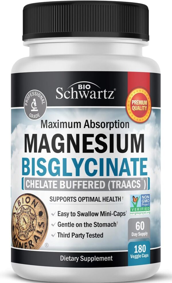Magnesium Bisglycinate 100% Chelate No-Laxative Effect - Maximum Absorption Magnesium Supplement - Fully Reacted & Buffered for Energy Muscle Bone & Joint Support - Non-GMO...