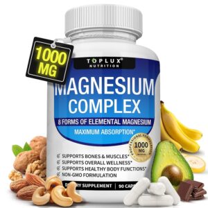Magnesium Complex Supplement 8 Elemental Magnesium 1000mg - Magnesium Glycinate, Citrate, Malate, Taurate, Chelated for Easy Absorption for Bones, Muscle, Recovery, Energy,...