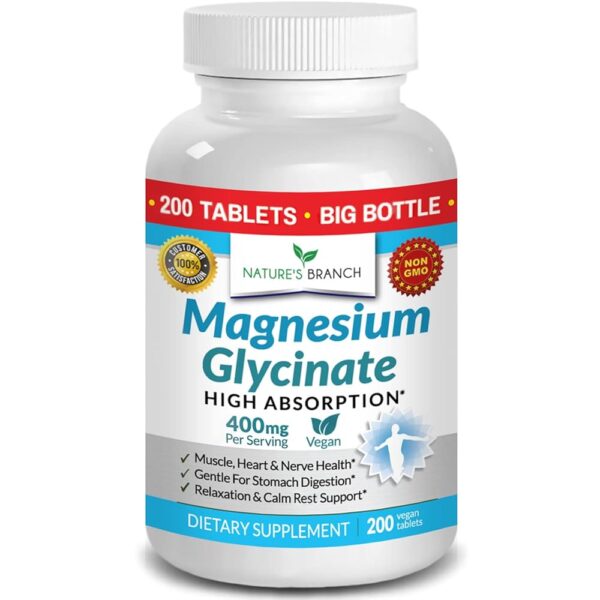 Magnesium Glycinate 400 mg - 200 Tablets - High Absorption, Non Buffered Bisglycinate Mag Supplement for Sleep, Leg Cramps, Heart, Ease Muscles, Calm Headaches for Women and...