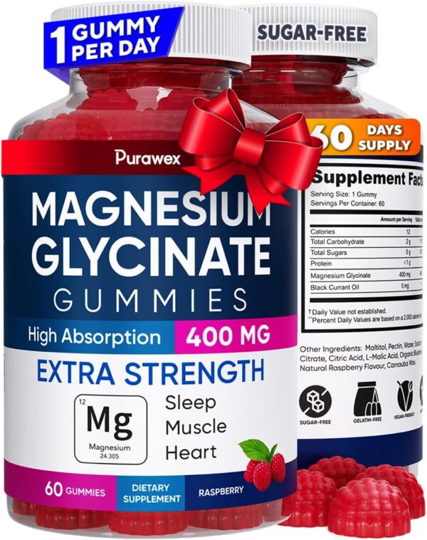 Magnesium Glycinate Gummies 400mg, High Absorption Magnesium Supplement for Adults and Kids, Sugar Free, Gelatin Free, Vegan Friendly, 60 Day Supply