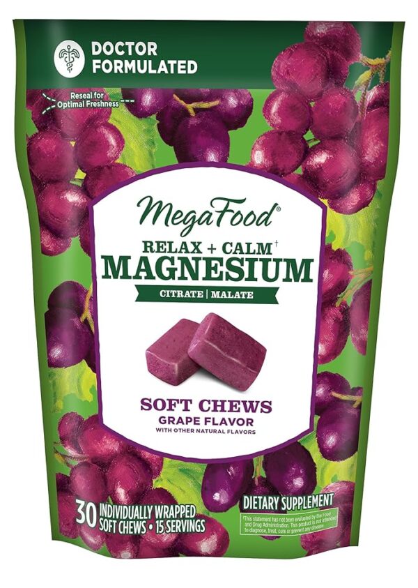 MegaFood Relax + Calm Magnesium Supplement - Soft Chews with Magnesium Citrate & Magnesium Malate for Heart Health, Muscle Tension & More - Vegetarian - Grape-Flavor - 30 Chews...