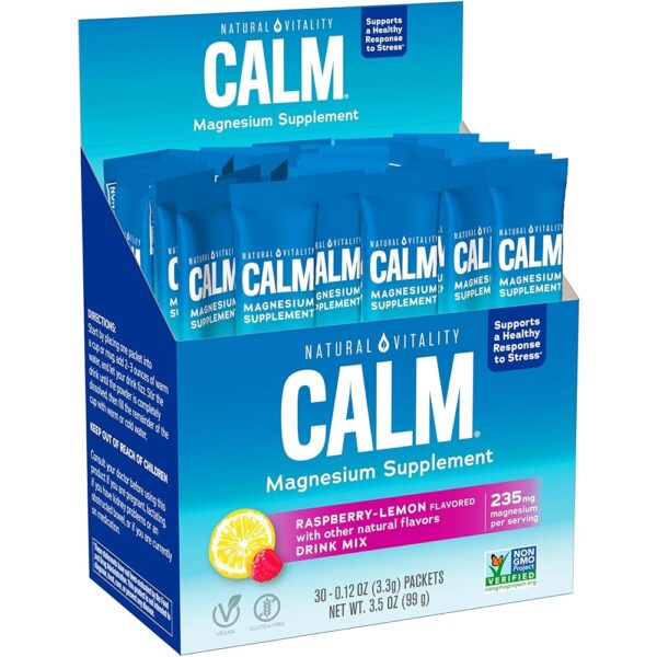 Natural Vitality Calm, Magnesium Citrate Supplement, Anti-Stress Drink Mix Powder - Gluten Free, Vegan, & Non-GMO, Raspberry Lemon, 0.12 oz, 30 Packets