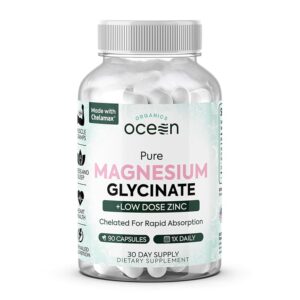 Pure Magnesium Glycinate with Zinc - Maximum Strength Chelated Magnesium Supplement for Women and Men for Muscle Cramps and Sleep Support - 90 Capsules