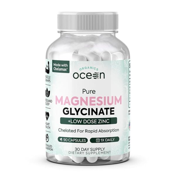 Pure Magnesium Glycinate with Zinc - Maximum Strength Chelated Magnesium Supplement for Women and Men for Muscle Cramps and Sleep Support - 90 Capsules