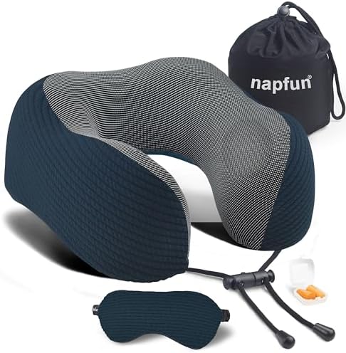 napfun Neck Pillow for Traveling, Upgraded Travel Neck Pillow for Airplane 100% Pure Memory Foam Travel Pillow for Flight Headrest Sleep, Portable Plane Accessories, Deep Blue Set, Medium (120-200LB)  Home & Kitchen