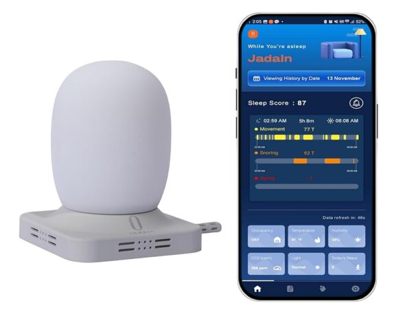 AI Non Wearable Sleep Tracker, Sleep Inducing Light, AI Wake Up Light, Real Time Room Condition[T&H, Co2, Light], Sleep Analysis with App, Snoring/Apnea Detection, No Subscription.
