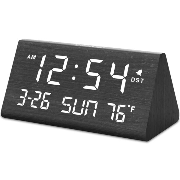 DreamSky Digital Alarm Clocks for Bedrooms - Wooden Desk Clock with Date, Day of Week, USB Port, Temperature, Dimmer for Bedside Table, Living Room, Office, Adjustable Volume,...