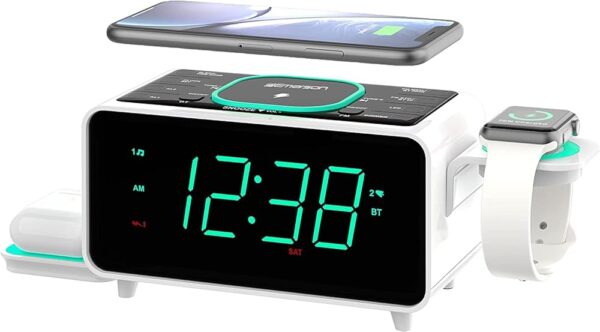 Emerson Smartset Dual Alarm Clock FM Radio with Wireless Charging, Bluetooth Speaker, Ultra Fast Charging for Airpods/iPhone, Foldable Stand, USB Charger, Adjustable LED Glow,...