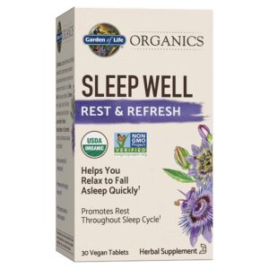 Garden of Life Organics Sleep Well Rest & Refresh 30 Tablets, Lemon Balm, Green Tea Extract L-Theanine, Valerian Root, Chamomile, Probiotics-Organic Non-GMO Vegan Gluten Free...