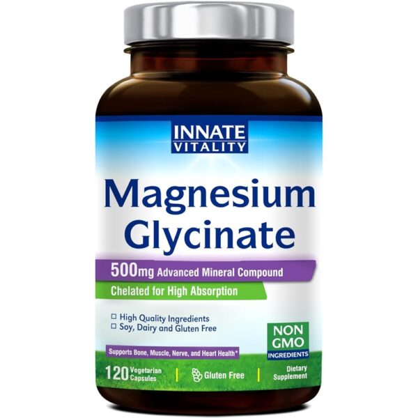 Innate Vitality Magnesium Glycinate 500mg | 70mg Elemental Magnesium Supplement- High Absorption, Non Buffered, Non-GMO & No Gluten - Nerve, Muscle, Bone & Heart Health - 120...