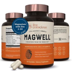Live Conscious Magwell Magnesium Zinc & Vitamin D3 - Magnesium Glycinate, Malate, & Citrate - Triple Supplement for Women & Men - for Sleep, Bone, Heart, Immune Support - 120 Caps