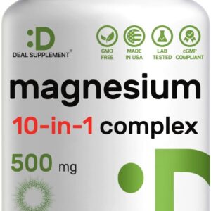 Magnesium Complex Supplement 500mg, 240 Veggie Capsules – 10 in 1 – Glycinate, Citrate, Malate, & More – Chelated Minerals for Muscle & Joint Health.