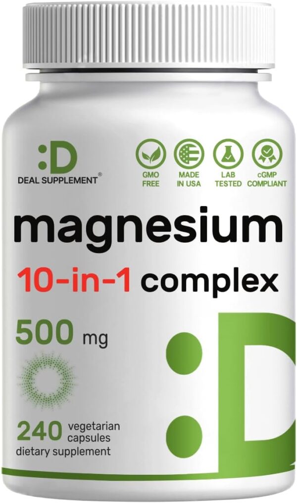 Magnesium Complex Supplement 500mg, 240 Veggie Capsules – 10 in 1 – Glycinate, Citrate, Malate, & More – Chelated Minerals for Muscle & Joint Health.