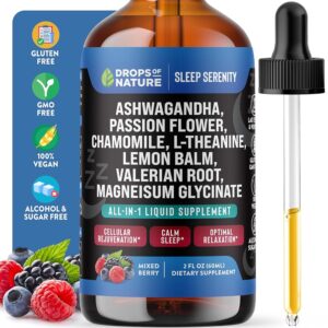 Magnesium Glycinate & Ashwagandha Liquid Drops with Valerian Root, Chamomile, Passion Flower, Lemon Balm & L-Theanine - Vegan Fast Absorption - Supplement for Wellness &...