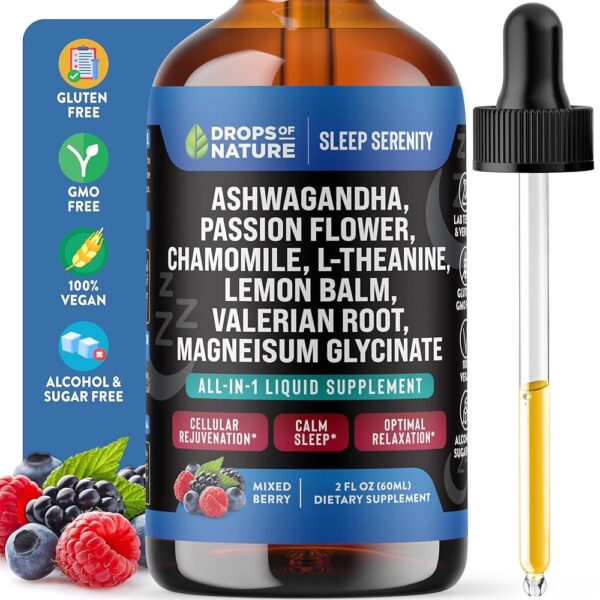Magnesium Glycinate & Ashwagandha Liquid Drops with Valerian Root, Chamomile, Passion Flower, Lemon Balm & L-Theanine - Vegan Fast Absorption - Supplement for Wellness &...