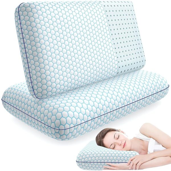 Memory Foam Pillows for Side, Back and Stomach Sleepers, Set of 2, Bed Pillow with Washable Cover and Breathable Mesh, Bed Pillow for Sleeping (Blue,Standard Size)