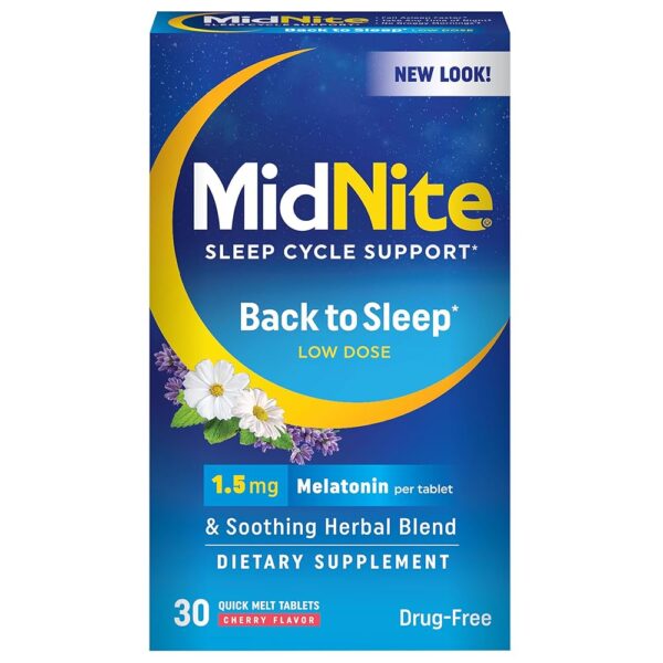 MidNite Back to Sleep Low Dose, 1.5 mg Melatonin Sleep Aid, Non-Habit Forming, Herbal Dietary Supplement for Adults, Drug-Free, Gluten-Free, Lactose-Free, Vegetarian, Vegan, 30...