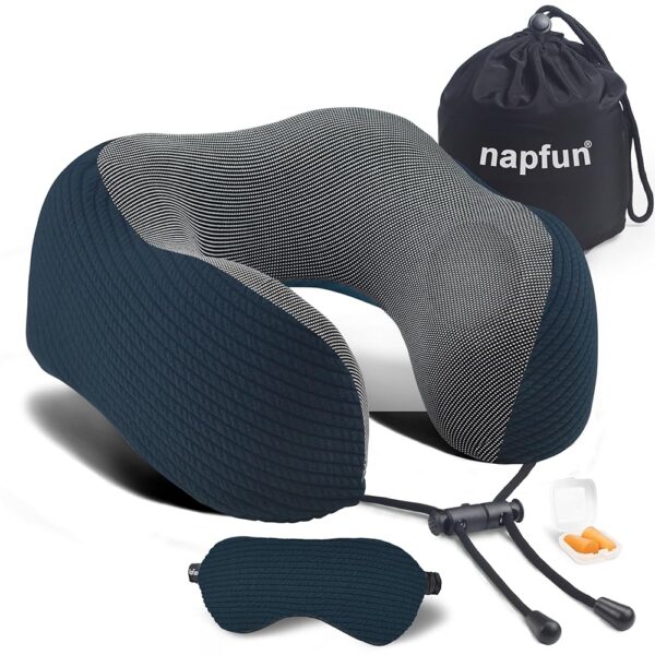 napfun Neck Pillow for Traveling, Upgraded Travel Neck Pillow for Airplane 100% Pure Memory Foam Travel Pillow for Flight Headrest Sleep, Portable Plane Accessories, Deep Blue...