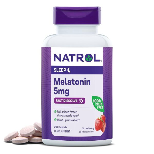 Natrol Fast Dissolve Melatonin 5 mg, Melatonin Supplements for Restful Sleep, Sleep Support for Adults, 200 Strawberry-Flavored Melatonin Tablets, Up to a 200 Day Supply