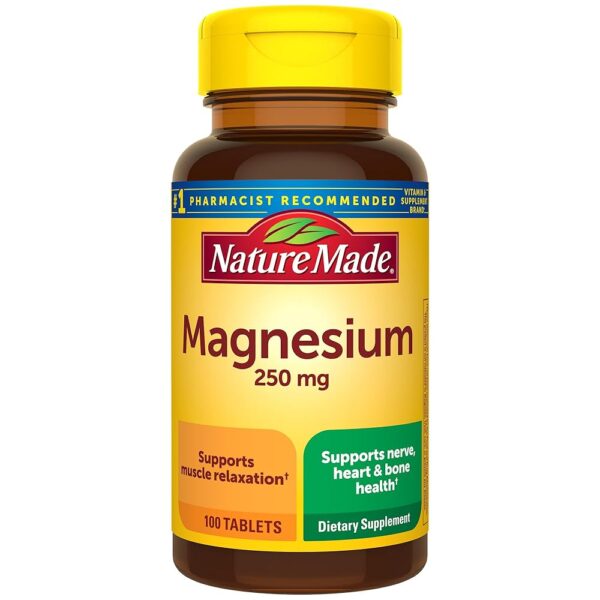 Nature Made Magnesium Oxide 250 mg, Magnesium Supplement for Muscle, Heart, Bone and Nerve Health Support, 100 Tablets, 100 Day Supply