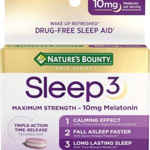 Nature's Bounty Melatonin, Sleep3 Maximum Strength 100% Drug Free Sleep Aid, Dietary Supplement, L-Theanine & Nighttime Herbal Blend Time Release Technology, 10mg, 30...