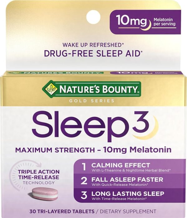Nature's Bounty Melatonin, Sleep3 Maximum Strength 100% Drug Free Sleep Aid, Dietary Supplement, L-Theanine & Nighttime Herbal Blend Time Release Technology, 10mg, 30...