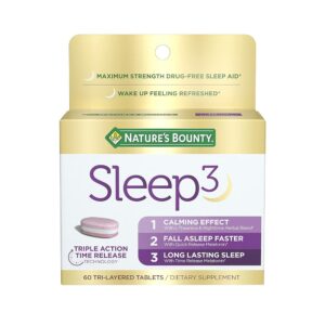 Nature's Bounty Sleep3 Melatonin 10mg, Maximum Strength 100% Drug Free Sleep Aid, Dietary Supplement, L-Theanine & Nighttime Herbal Blend Time Release Technology, 60 Tri-Layered...