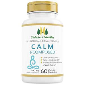 Nature's Health Calm and Composed – Valerian Root and Passion Flower Formula – Daily Stress Relief – Relaxation Supplement – 1000 mg per Serving – 60 Vegetarian Capsules