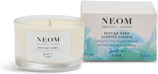 NEOM- Bedtime Hero Scented Candle, Travel Size | Essential Oil Aromatherapy Candle | Ylang Ylang & Chamomile | Scent to Sleep