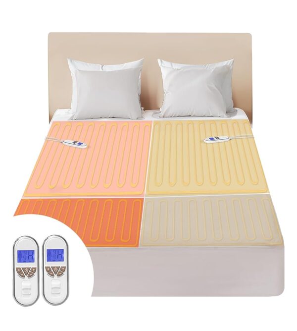 Premium Multi-Zone Electric Heated Mattress Pad King Size, 78" x 80", Dual Controllers, 9 Heat Settings, 1-12 Hours Auto Off, Individual Body and Feet Settings, Machine Washable