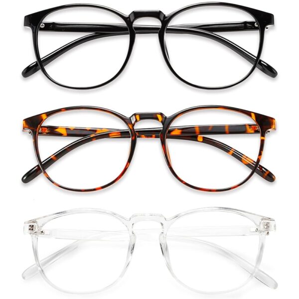Przene 3 Pack Blue Light Blocking Glasses Women/Men,Retro Round Computer Glasses Anti Eye Strain/UV/Glare, Gaming Glasses. (Black/Crystal/Amber)