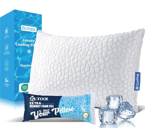 QUTOOL Cooling Bed Pillows for Sleeping Shredded Memory Foam Pillows - Gel Pillow Adjustable Pillows for Side Stomach&Back Sleepers Washable Removable Cover Standard Size (Pack...