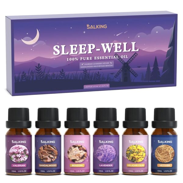 SALKING Sleep Essential Oils Set, Pure and Natural Essential Oils, Fragrance Oil Scented Oils for Oil Diffusers 6 x 10 ML - Lavender, Vetiver, Sandalwood, Valerian, Helichrysum,...