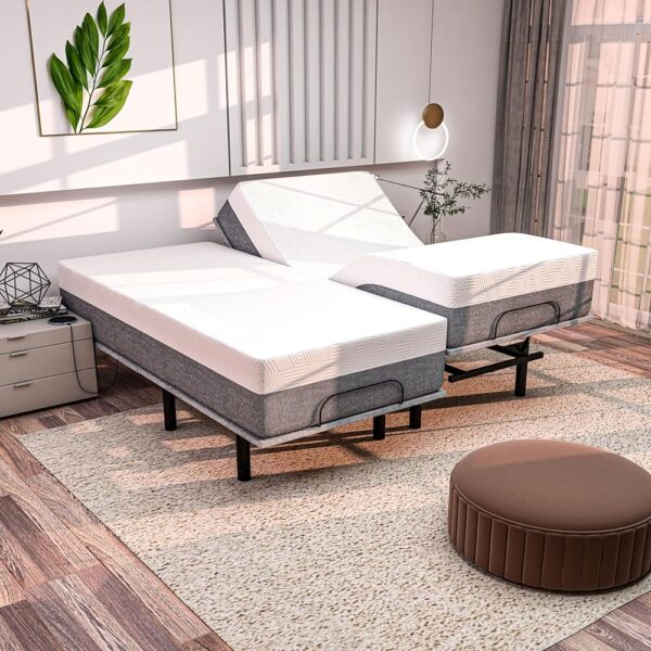 SF Adjustable Bed Frame with Mattress Included Massage - Split King Adjustable Bed + Medium Mattress - Cooling Gel Memory Foam Mattress, USB, Under Bed Light Zero Gravity...