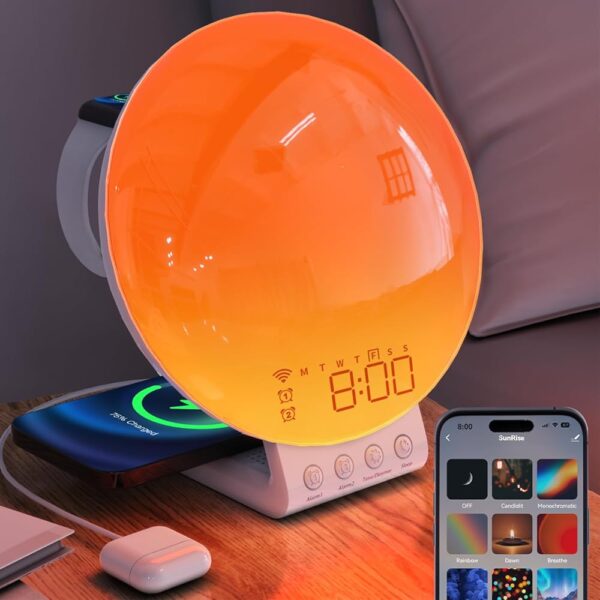 Smart Sunrise Alarm Clock - 3 in 1 Wireless Charging Station, Compatible with iPhone/Apple Watch/Airpods, Sunset Lamp White Noise Sound Machine, APP Control Wake up Light,Gift...