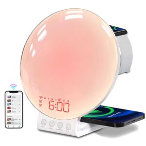 Smart Sunrise Alarm Clock with Wireless Charging Station, Compatible with iPhone/Apple Watch/Airpods, App Control White Noise Sound Machine, Night Light, for Kids & Adults