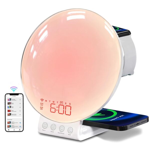 Smart Sunrise Alarm Clock with Wireless Charging Station, Compatible with iPhone/Apple Watch/Airpods, App Control White Noise Sound Machine, Night Light, for Kids & Adults