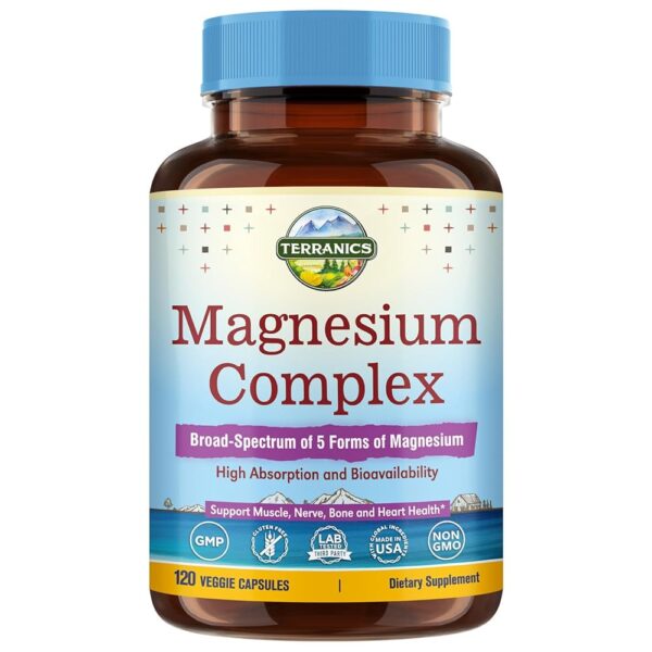 Terranics 5-in-1 Magnesium Complex Supplement 500mg - 5 Forms High Absorption Magnesium Glycinate Citrate Malate Aspartate Gluconate - Non-GMO 120 Vegan Magnesio Capsule for...