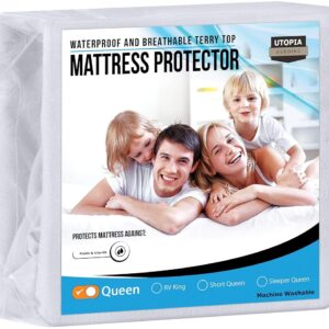Utopia Bedding Waterproof Mattress Protector Queen Size, Premium Terry Mattress Cover 200 GSM, Breathable, Fitted Style with Stretchable Pockets (White)